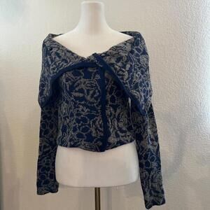Anthropologie Navy blue and grey floral off the shoulder sweater